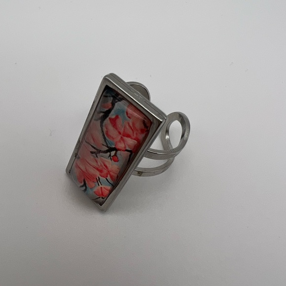 Floral Retro Rectangular Statement Rings, Cottagecore Flower Rings - Picture 13 of 16